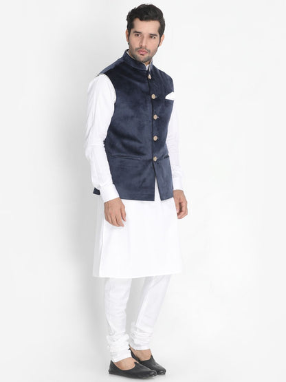 Men's White Cotton Blend Kurta, Ethnic Jacket and Pyjama Set