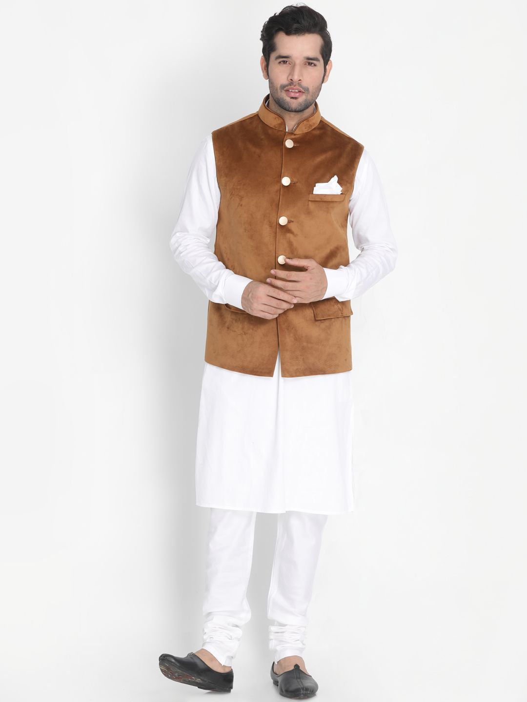 Men's White Cotton Blend Kurta, Ethnic Jacket and Pyjama Set