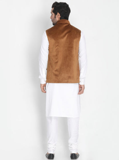 Men's White Cotton Blend Kurta, Ethnic Jacket and Pyjama Set