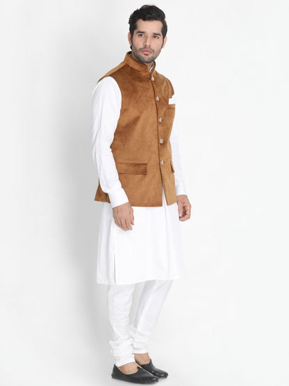 Men's White Cotton Blend Kurta, Ethnic Jacket and Pyjama Set