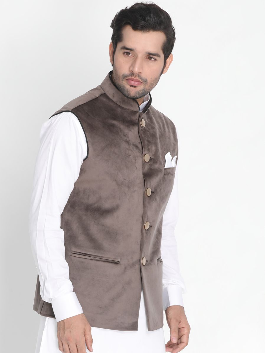 Men's Grey Velvet Ethnic Jacket