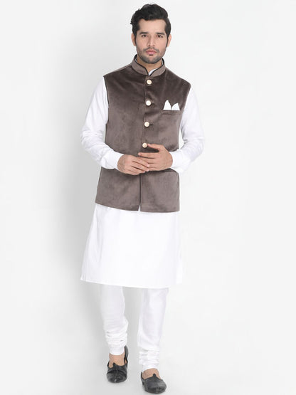 Men's White Cotton Blend Kurta, Ethnic Jacket and Pyjama Set