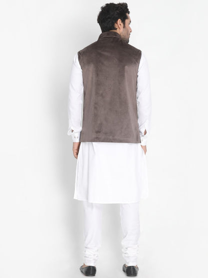 Men's White Cotton Blend Kurta, Ethnic Jacket and Pyjama Set
