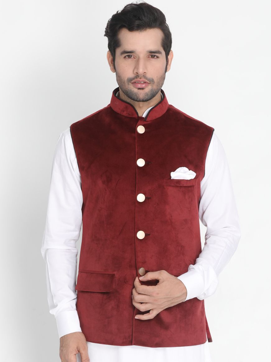 Men's Maroon Velvet Ethnic Jacket