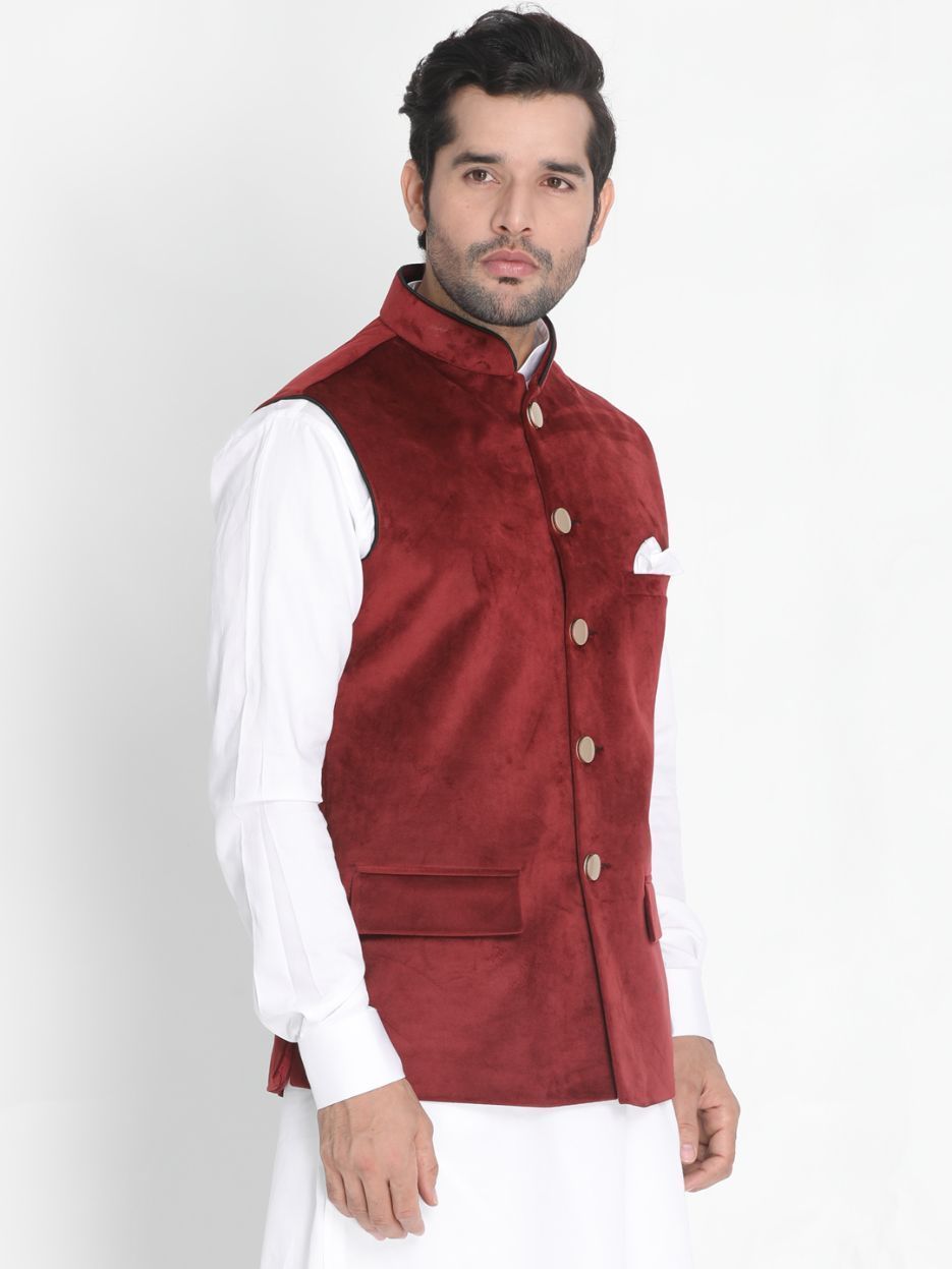 Men's Maroon Velvet Ethnic Jacket