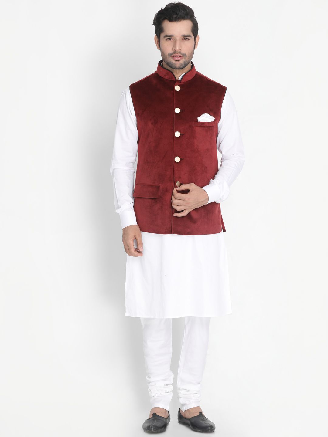 Men's White Cotton Blend Kurta, Ethnic Jacket and Pyjama Set