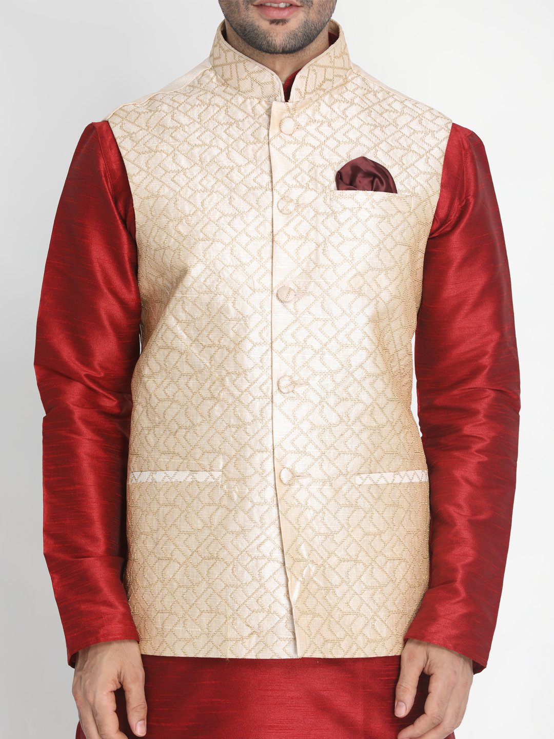Men's Beige Silk Blend Ethnic Jacket