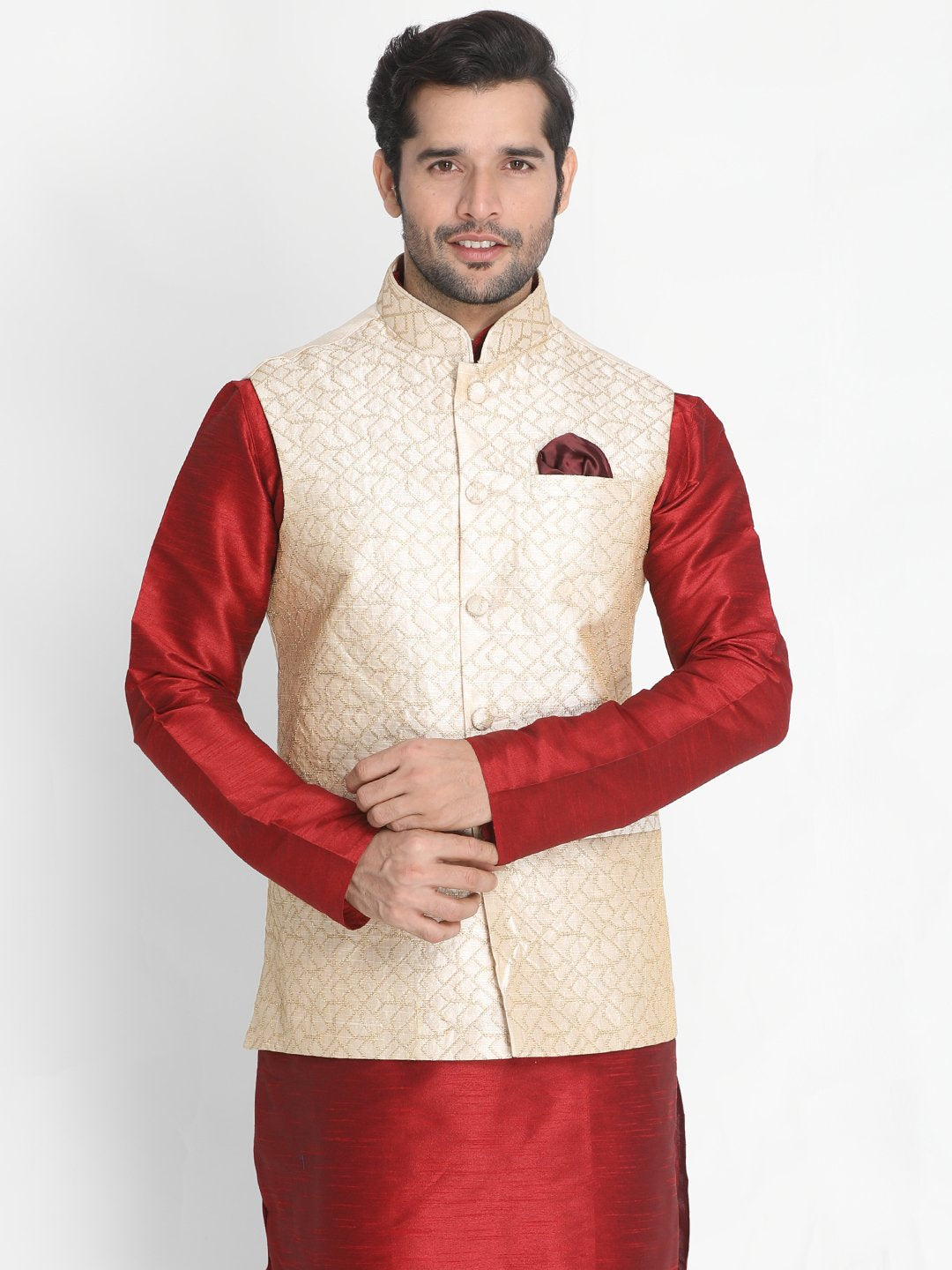 Men's Beige Silk Blend Ethnic Jacket