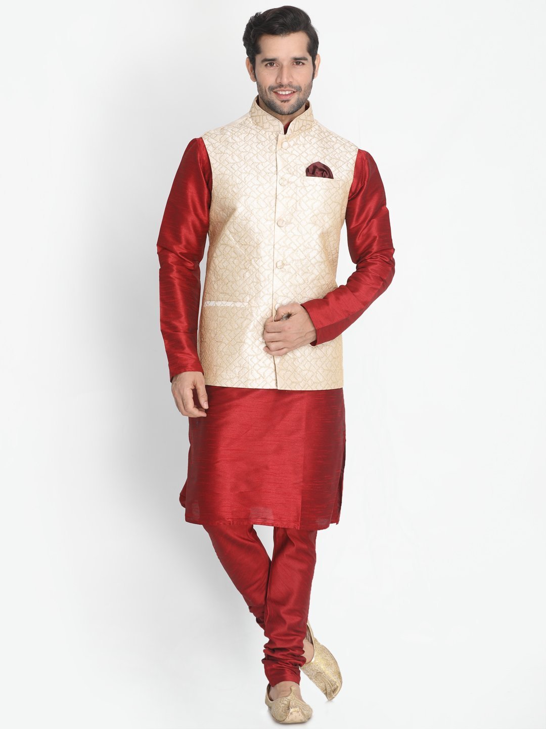 Men's Maroon Silk Blend Kurta, Ethnic Jacket and Pyjama Set