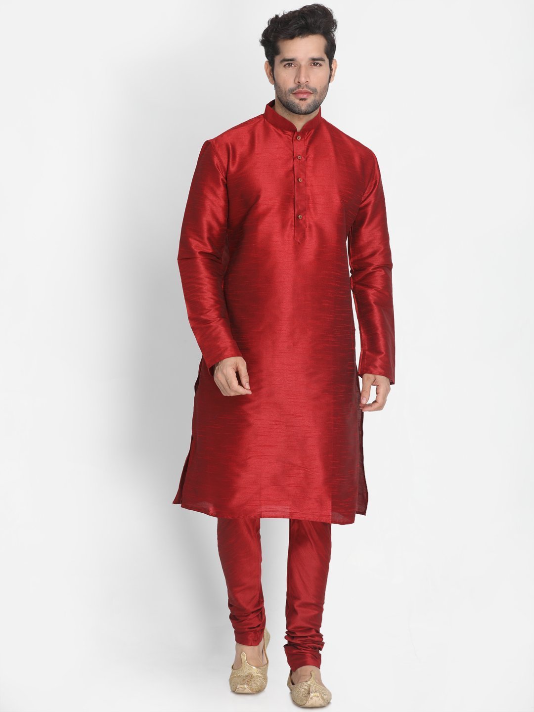 Men's Maroon Silk Blend Kurta, Ethnic Jacket and Pyjama Set