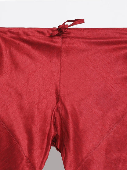 Men's Maroon Silk Blend Kurta, Ethnic Jacket and Pyjama Set