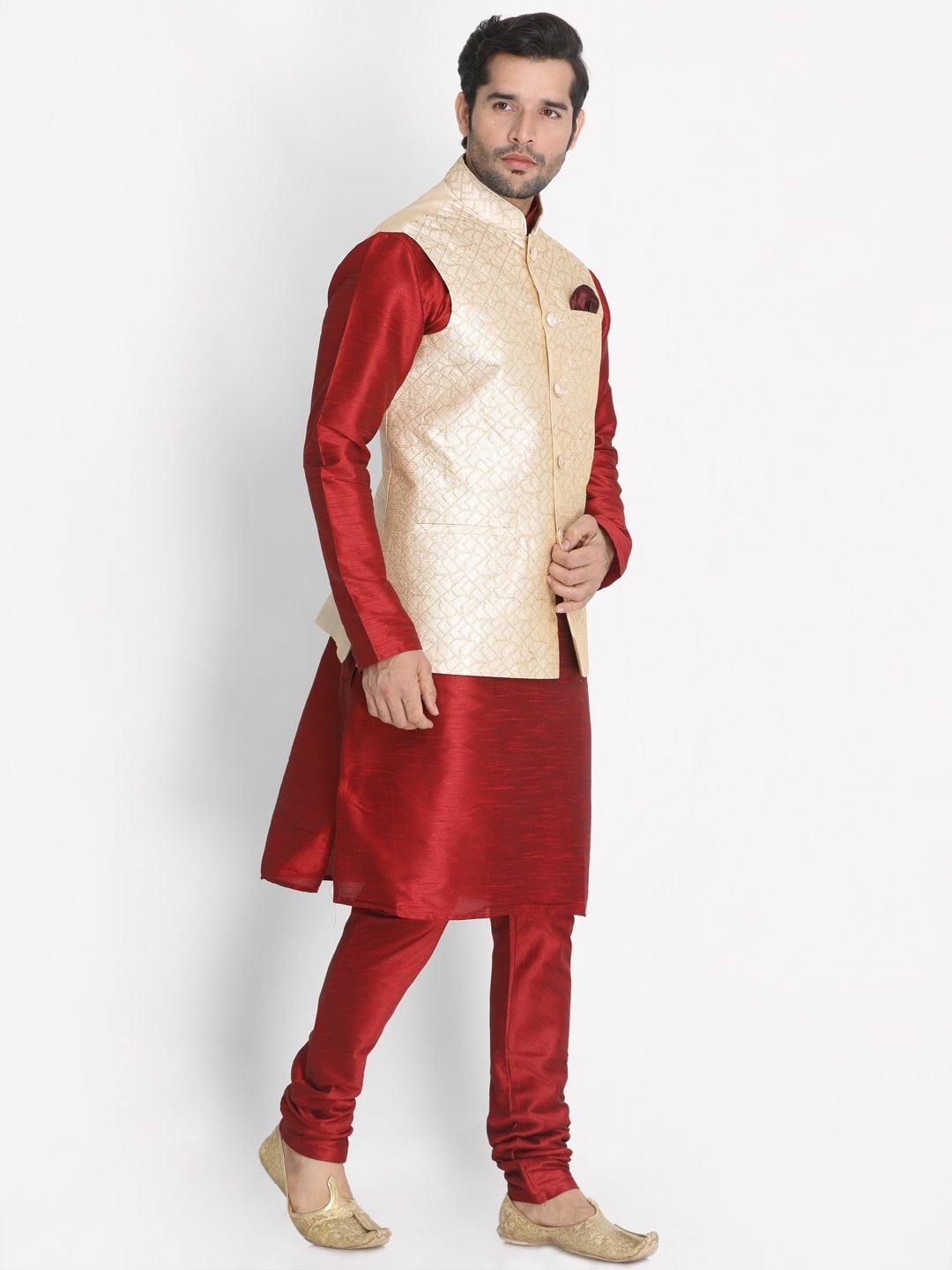 Men's Maroon Silk Blend Kurta, Ethnic Jacket and Pyjama Set
