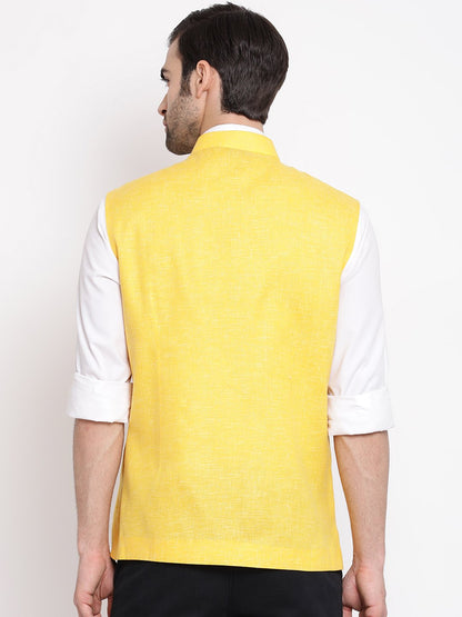 Men's Yellow Solid Classic Royal Linen Nehru Jacket