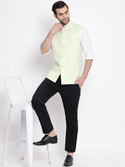 Men's Mint Green Checkered Classic Linen Nehru Jacket