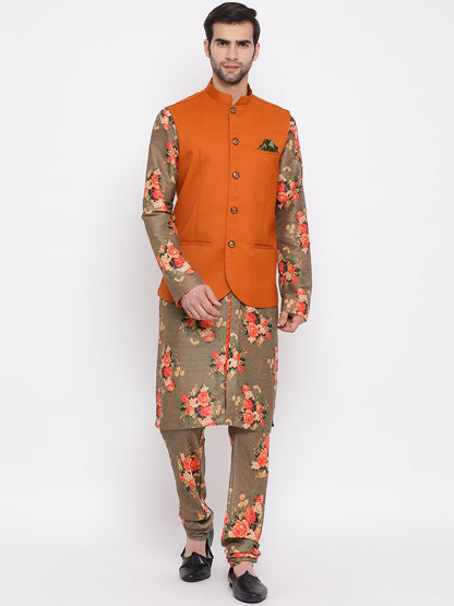 Men's Orange Twill Jacket, Printed Kurta and Pyjama Set