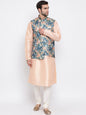 Men's Peach Floral Jacquard Jacket With Silk Kurta and Pyjama Set