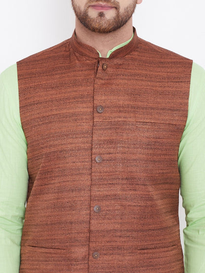 Men's Coffee, Mint Green And White Cotton Blend Jacket, Kurta and Pyjama Set