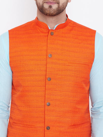Men's Orange, Aqua And White Cotton Blend Jacket, Kurta and Pyjama Set