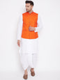 Men's Orange And White Cotton Blend Jacket, Kurta and Dhoti Set