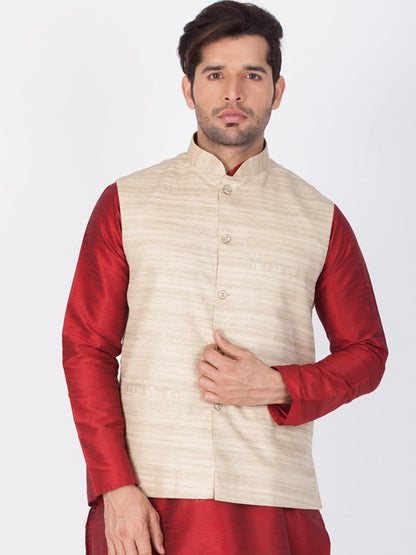 Men's Beige Cotton Silk Blend Ethnic Jacket