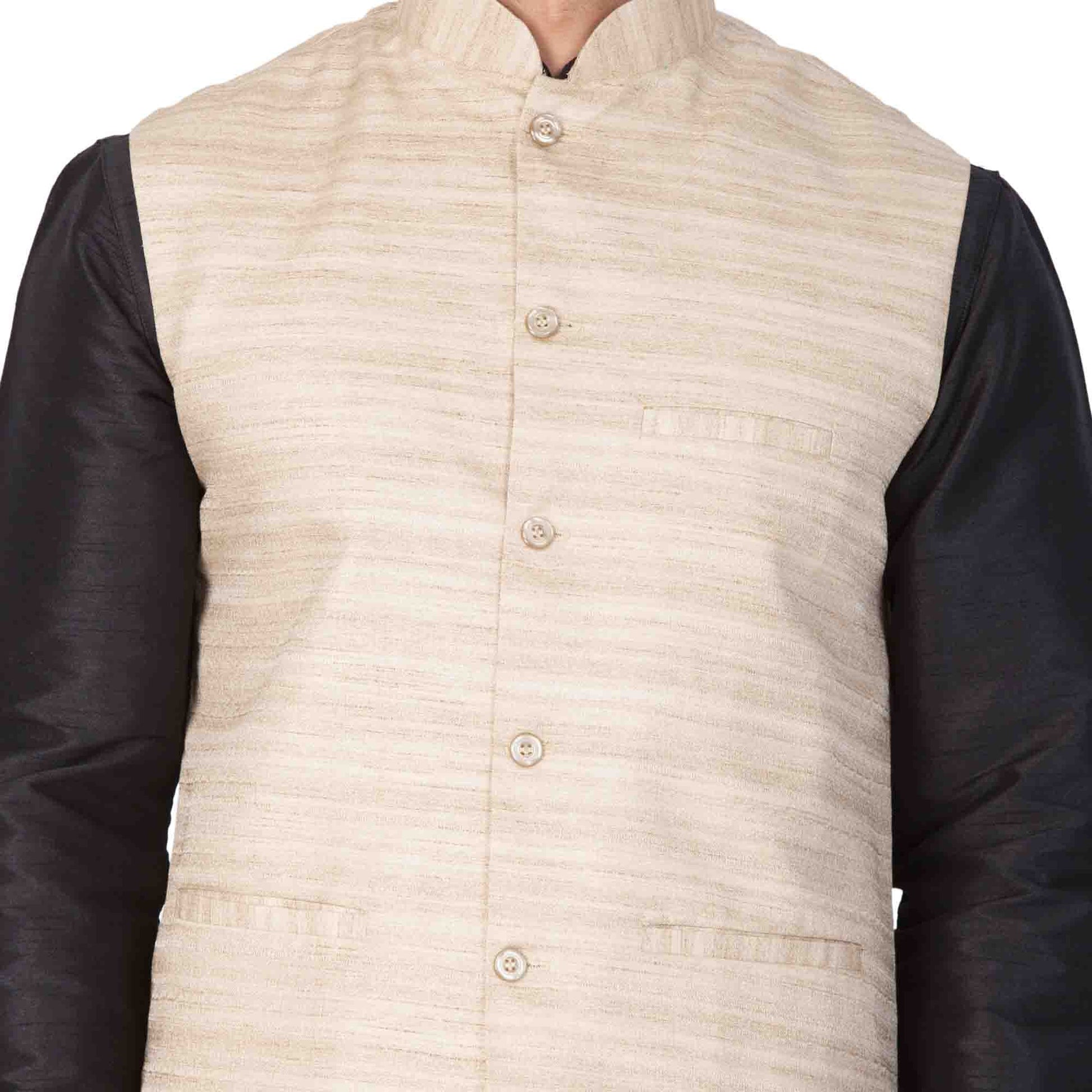 Men's Black Cotton Silk Blend Kurta, Ethnic Jacket and Pyjama Set