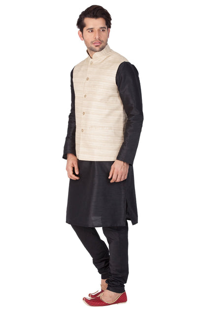 Men's Black Cotton Silk Blend Kurta, Ethnic Jacket and Pyjama Set