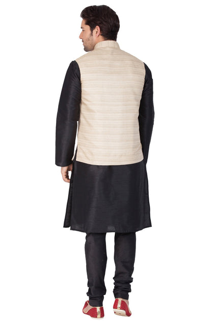 Men's Black Cotton Silk Blend Kurta, Ethnic Jacket and Pyjama Set