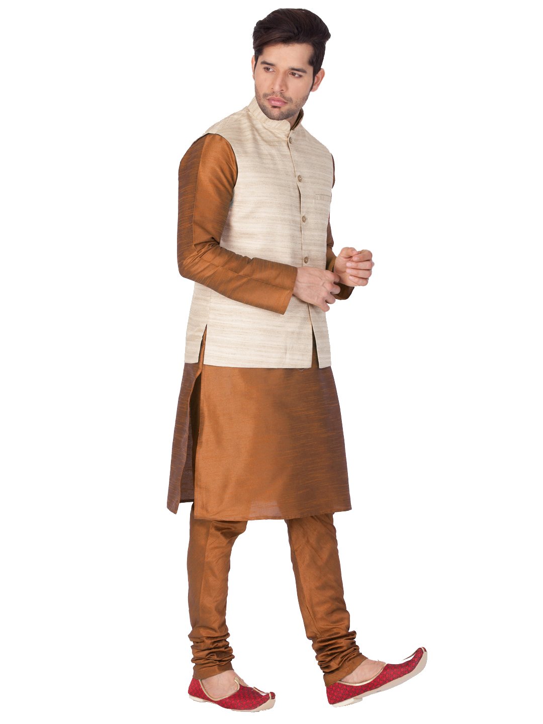 Men's Brown Cotton Silk Blend Kurta, Ethnic Jacket and Pyjama Set