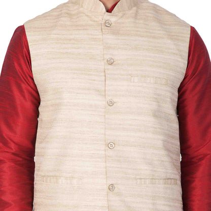 Men's Maroon Cotton Silk Blend Kurta, Ethnic Jacket and Pyjama Set