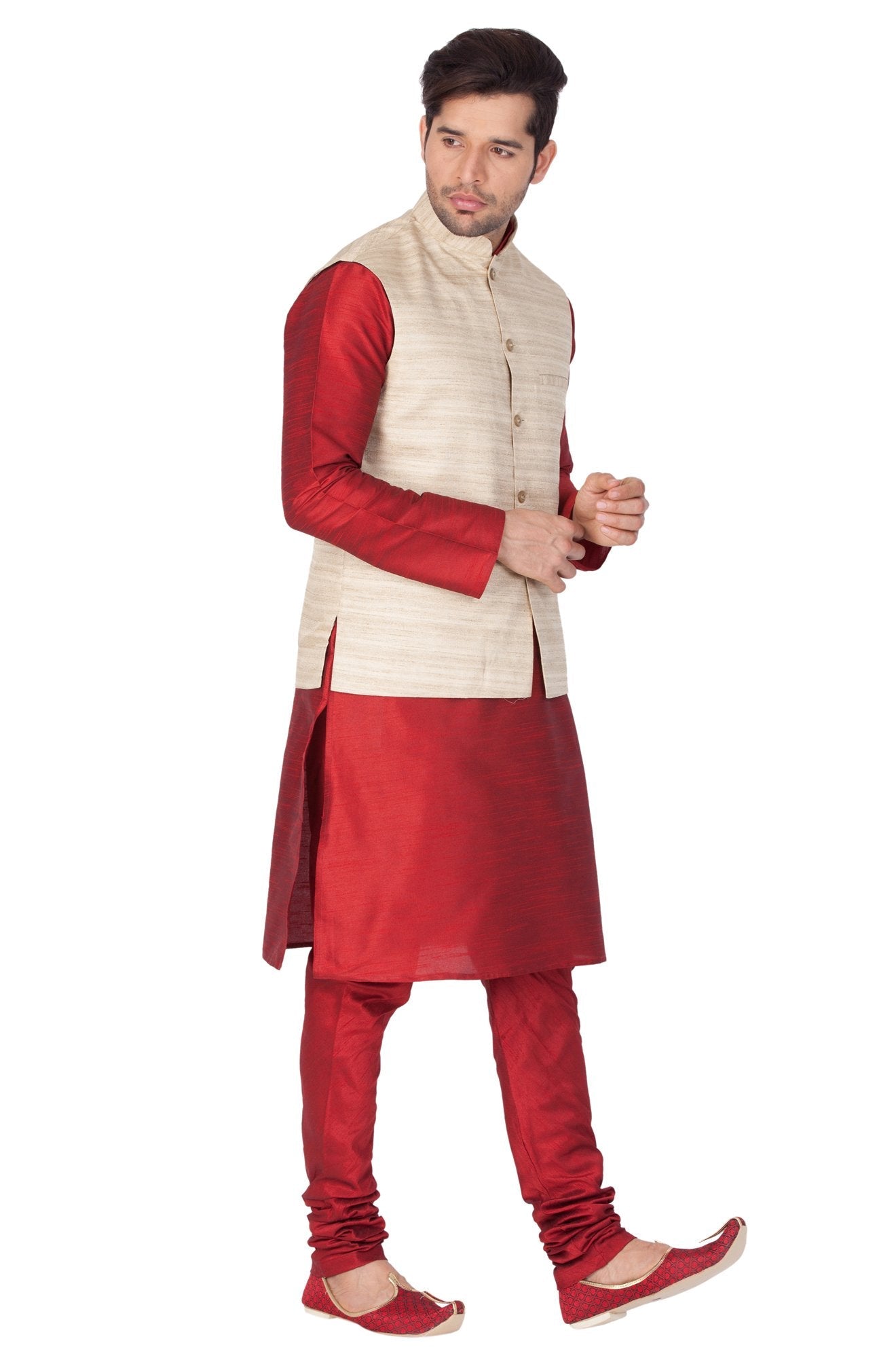 Men's Maroon Cotton Silk Blend Kurta, Ethnic Jacket and Pyjama Set