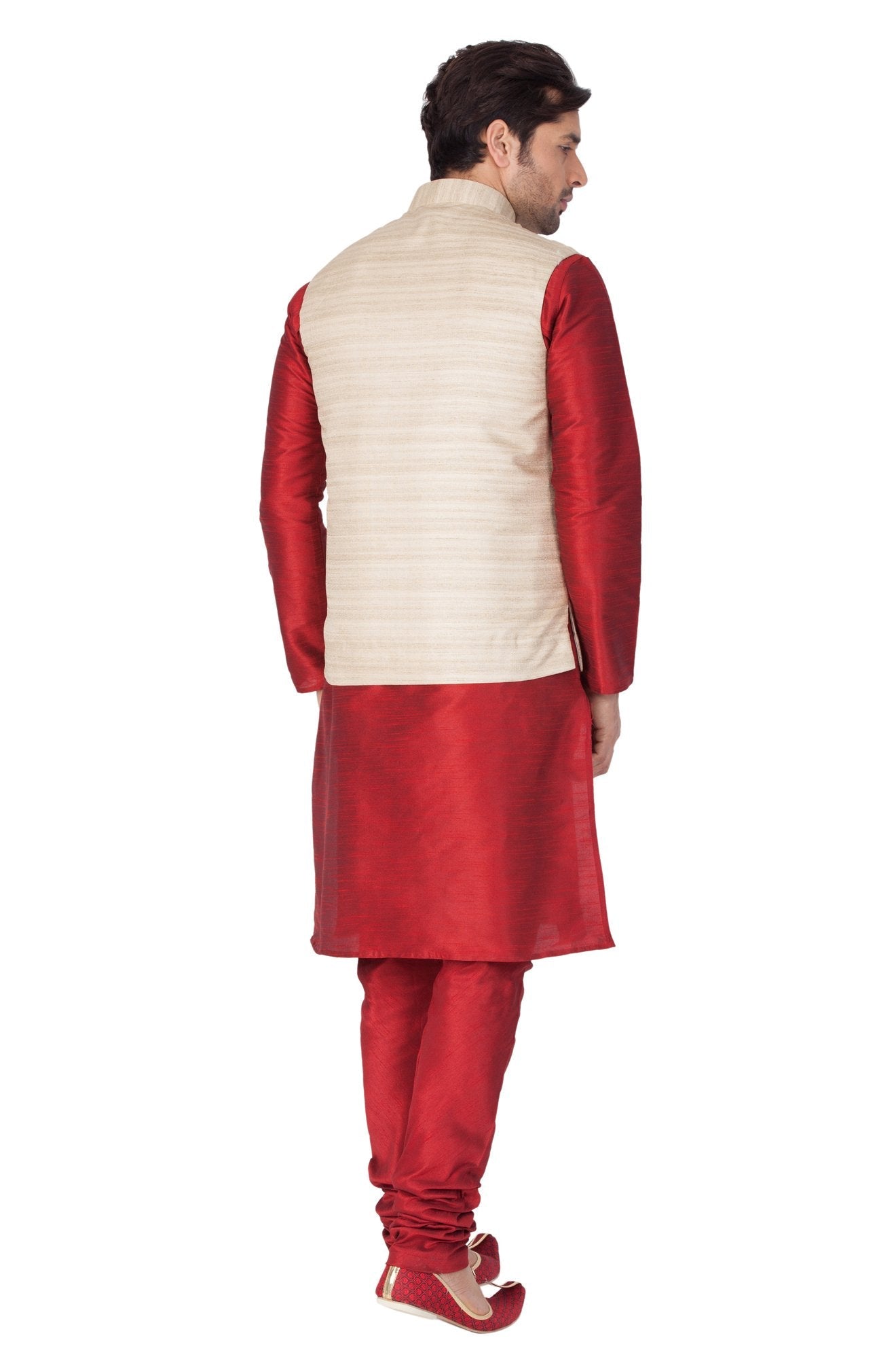 Men's Maroon Cotton Silk Blend Kurta, Ethnic Jacket and Pyjama Set