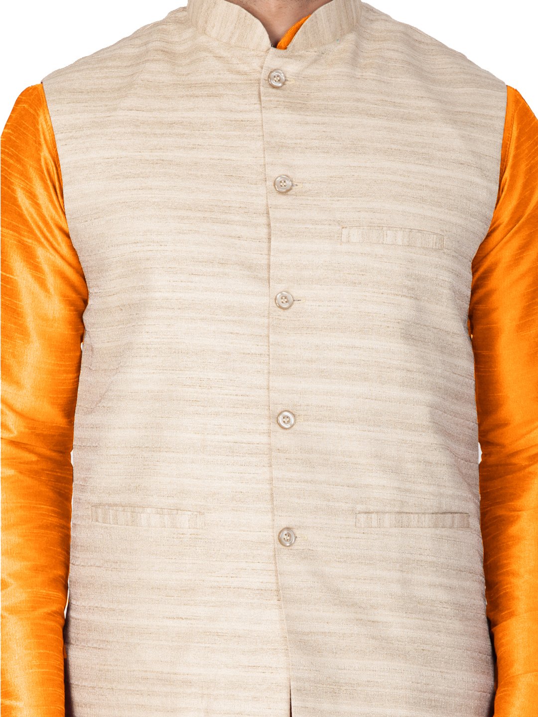 Men's Orange Cotton Silk Blend Kurta, Ethnic Jacket and Pyjama Set