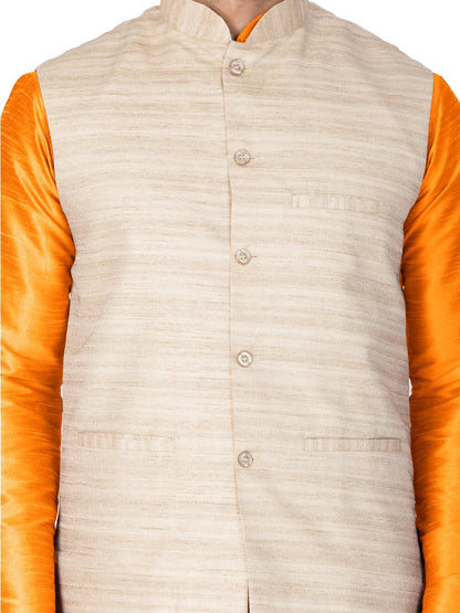 Men's Orange Cotton Silk Blend Kurta, Ethnic Jacket and Pyjama Set