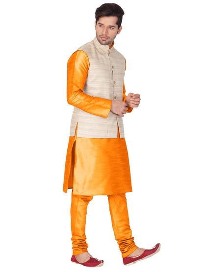Men's Orange Cotton Silk Blend Kurta, Ethnic Jacket and Pyjama Set
