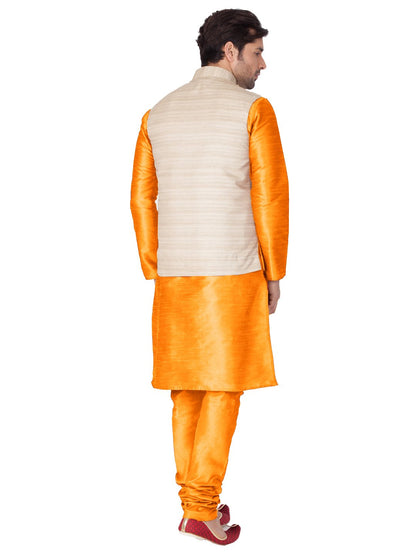 Men's Orange Cotton Silk Blend Kurta, Ethnic Jacket and Pyjama Set