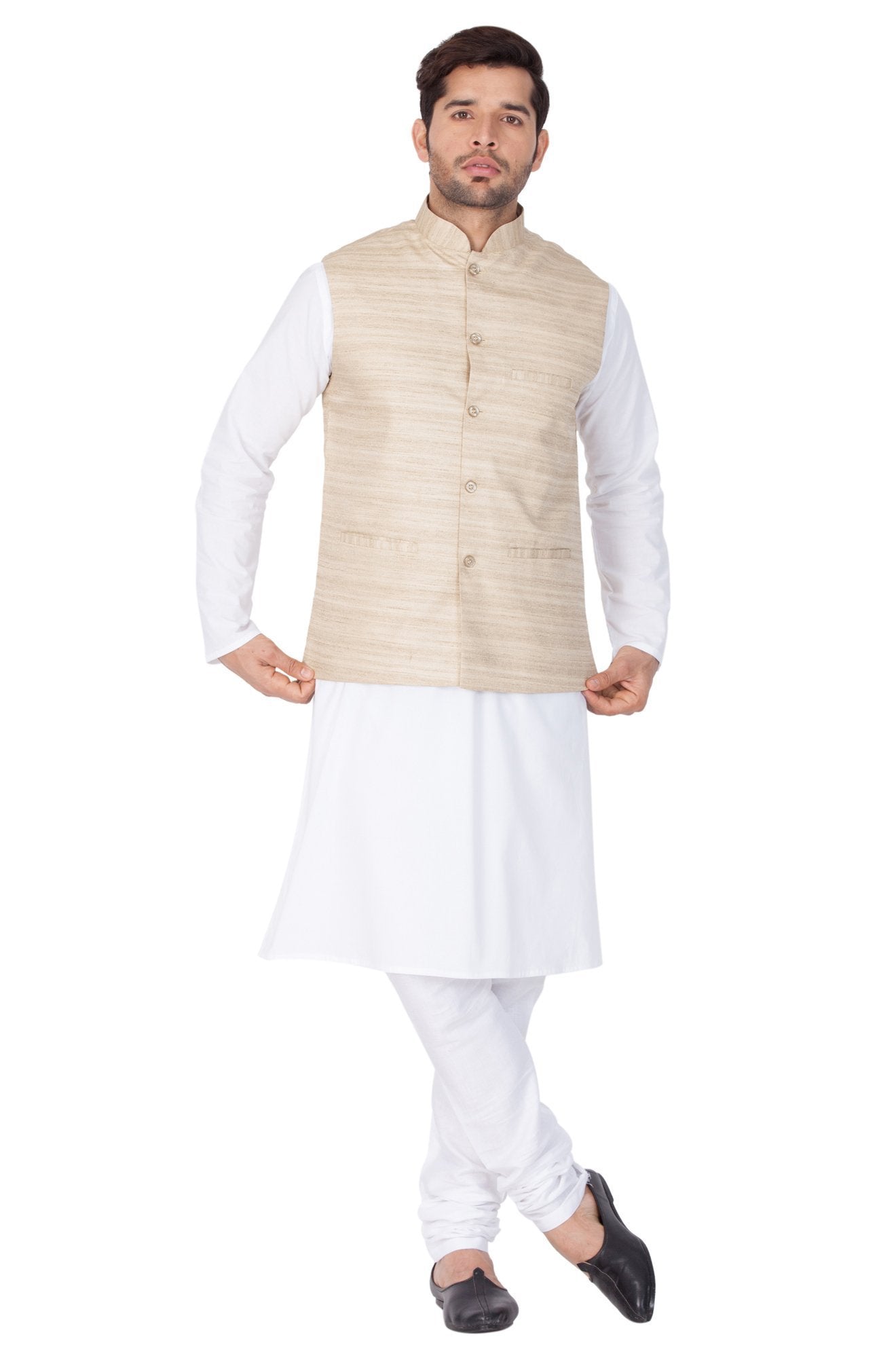 Men's White Cotton Blend Kurta, Ethnic Jacket and Pyjama Set
