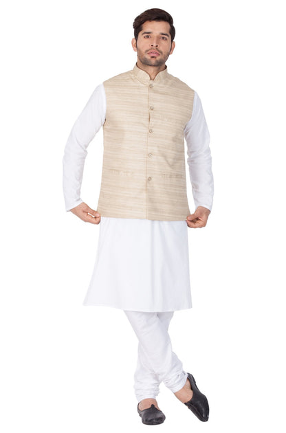 Men's White Cotton Blend Kurta, Ethnic Jacket and Pyjama Set