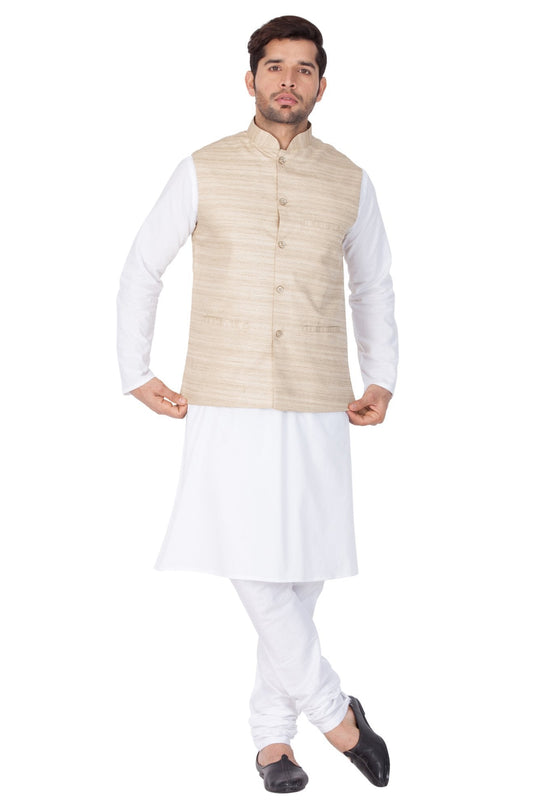Men's White Cotton Blend Kurta, Ethnic Jacket and Pyjama Set