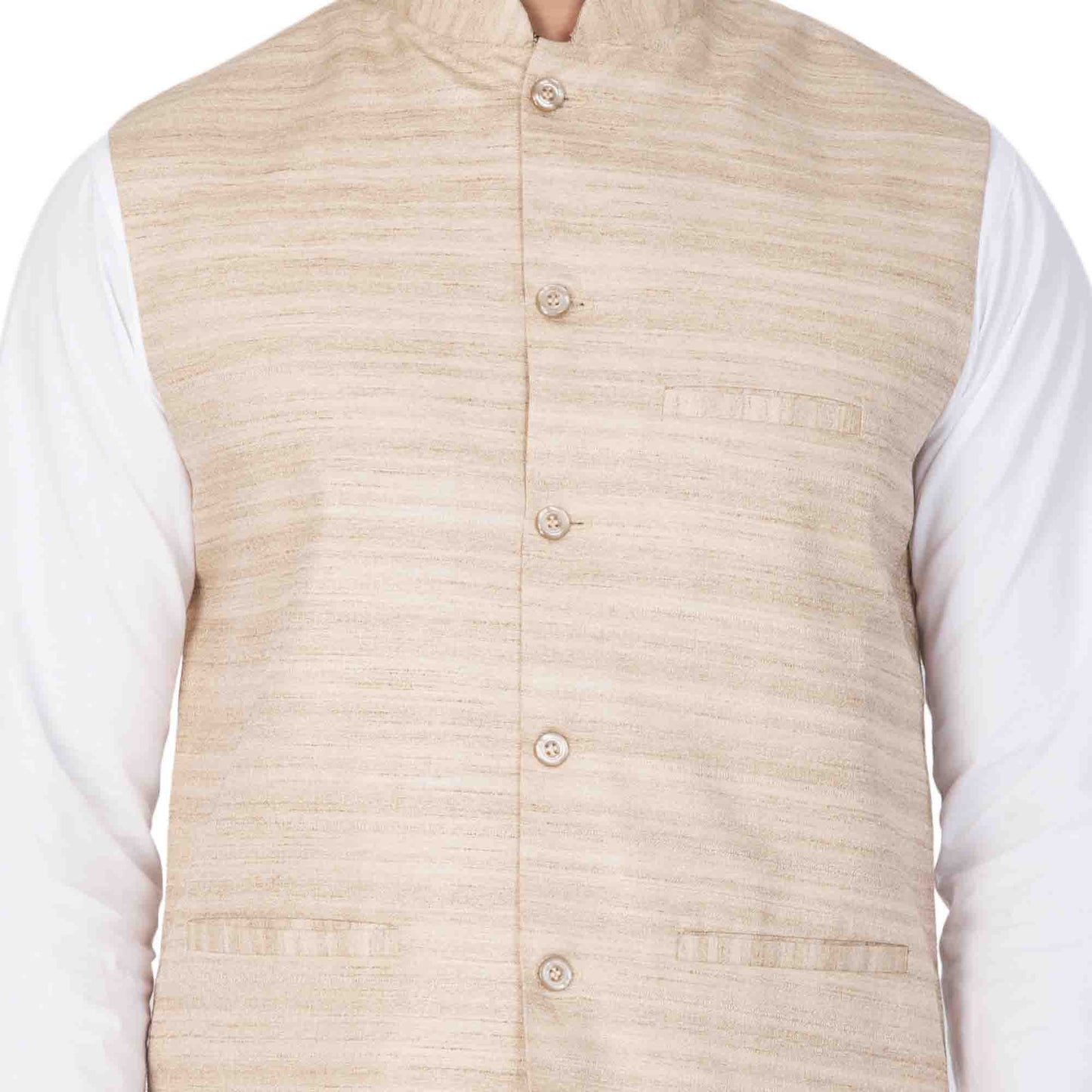 Men's White Cotton Blend Kurta, Ethnic Jacket and Pyjama Set