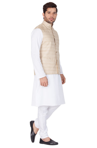 Men's White Cotton Blend Kurta, Ethnic Jacket and Pyjama Set