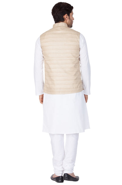 Men's White Cotton Blend Kurta, Ethnic Jacket and Pyjama Set