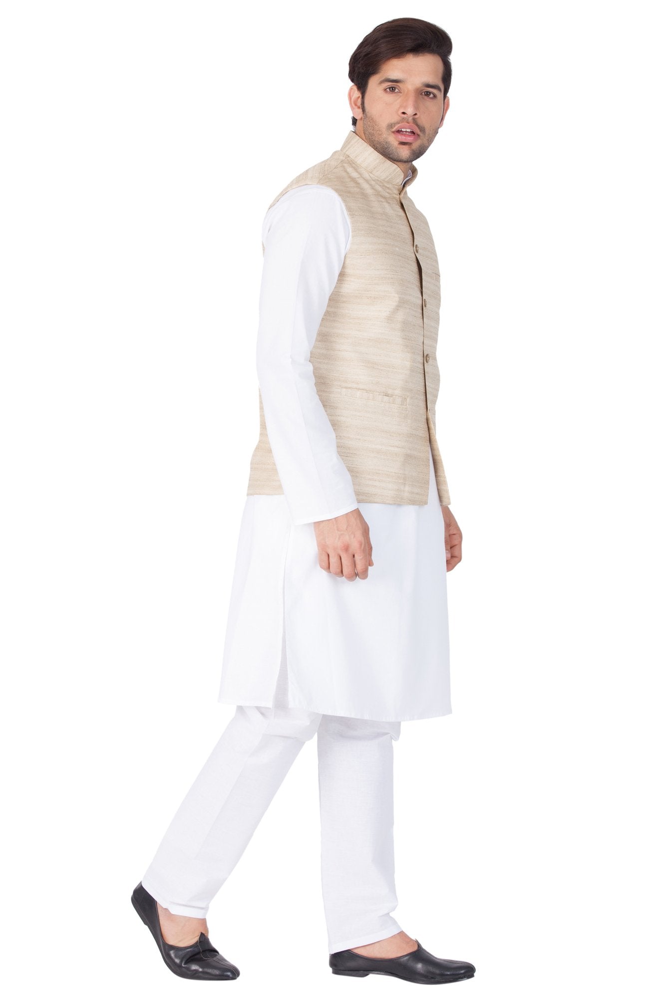 Men's White Cotton Blend Kurta, Ethnic Jacket and Pyjama Set