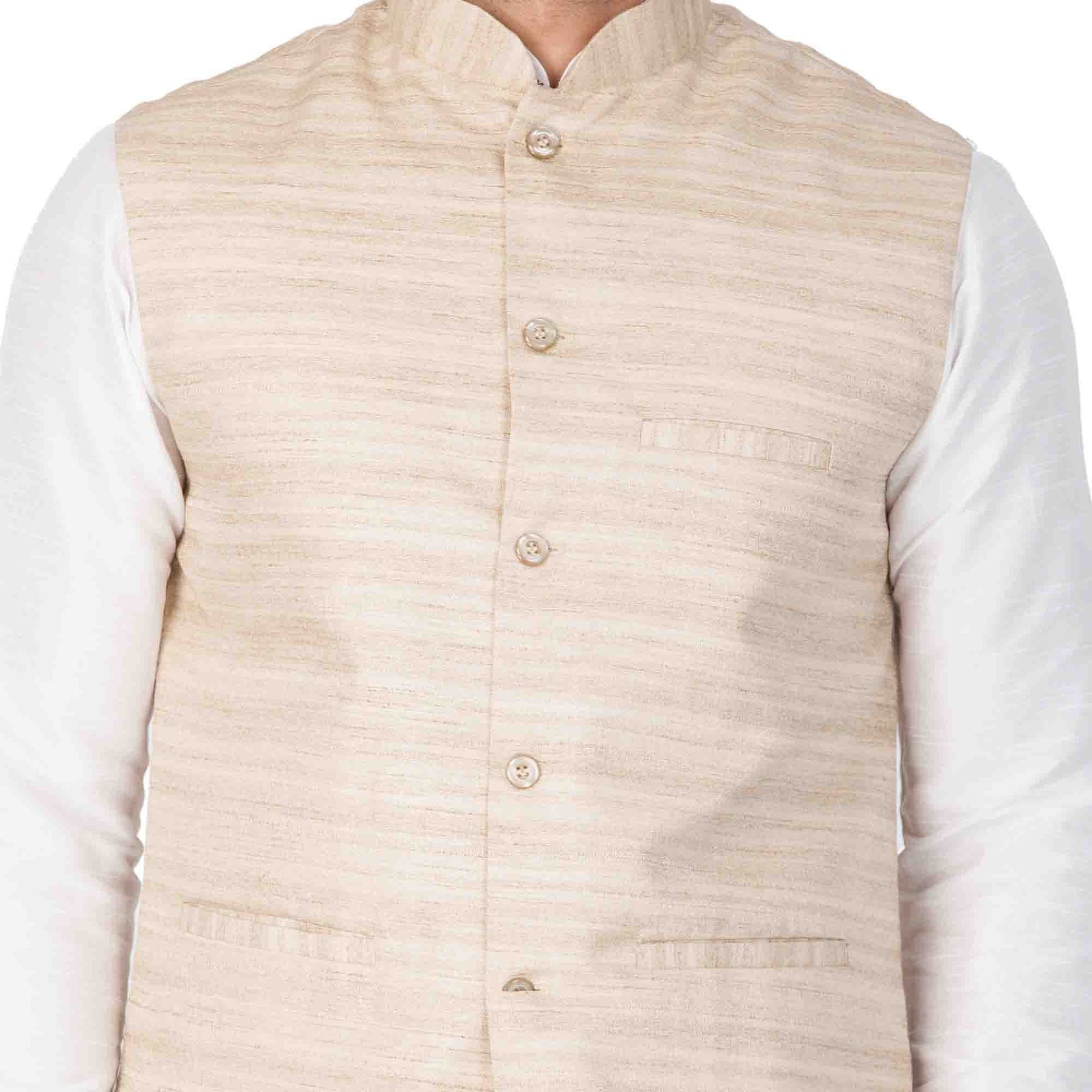 Men's White Cotton Silk Blend Kurta, Ethnic Jacket and Pyjama Set