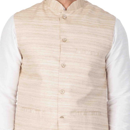 Men's White Cotton Silk Blend Kurta, Ethnic Jacket and Pyjama Set