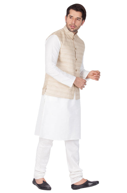Men's White Cotton Silk Blend Kurta, Ethnic Jacket and Pyjama Set
