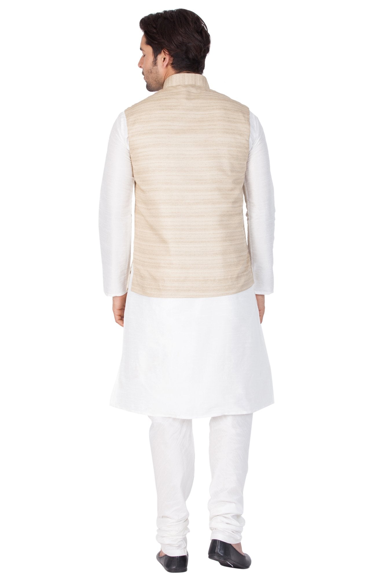 Men's White Cotton Silk Blend Kurta, Ethnic Jacket and Pyjama Set