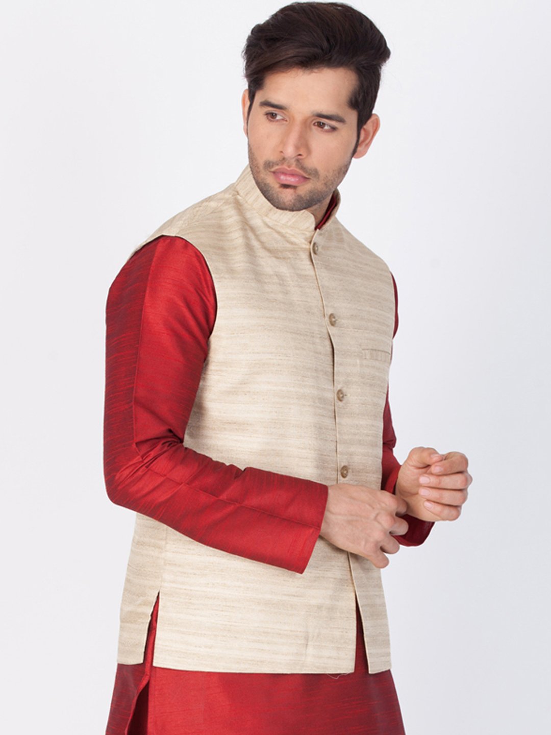 Men's Beige Cotton Silk Blend Ethnic Jacket