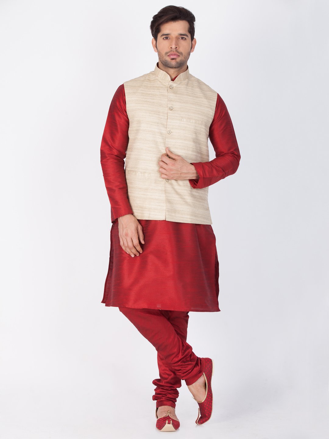 Men's Beige Cotton Silk Blend Ethnic Jacket