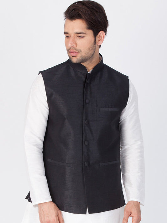 Men's Black Cotton Silk Blend Ethnic Jacket