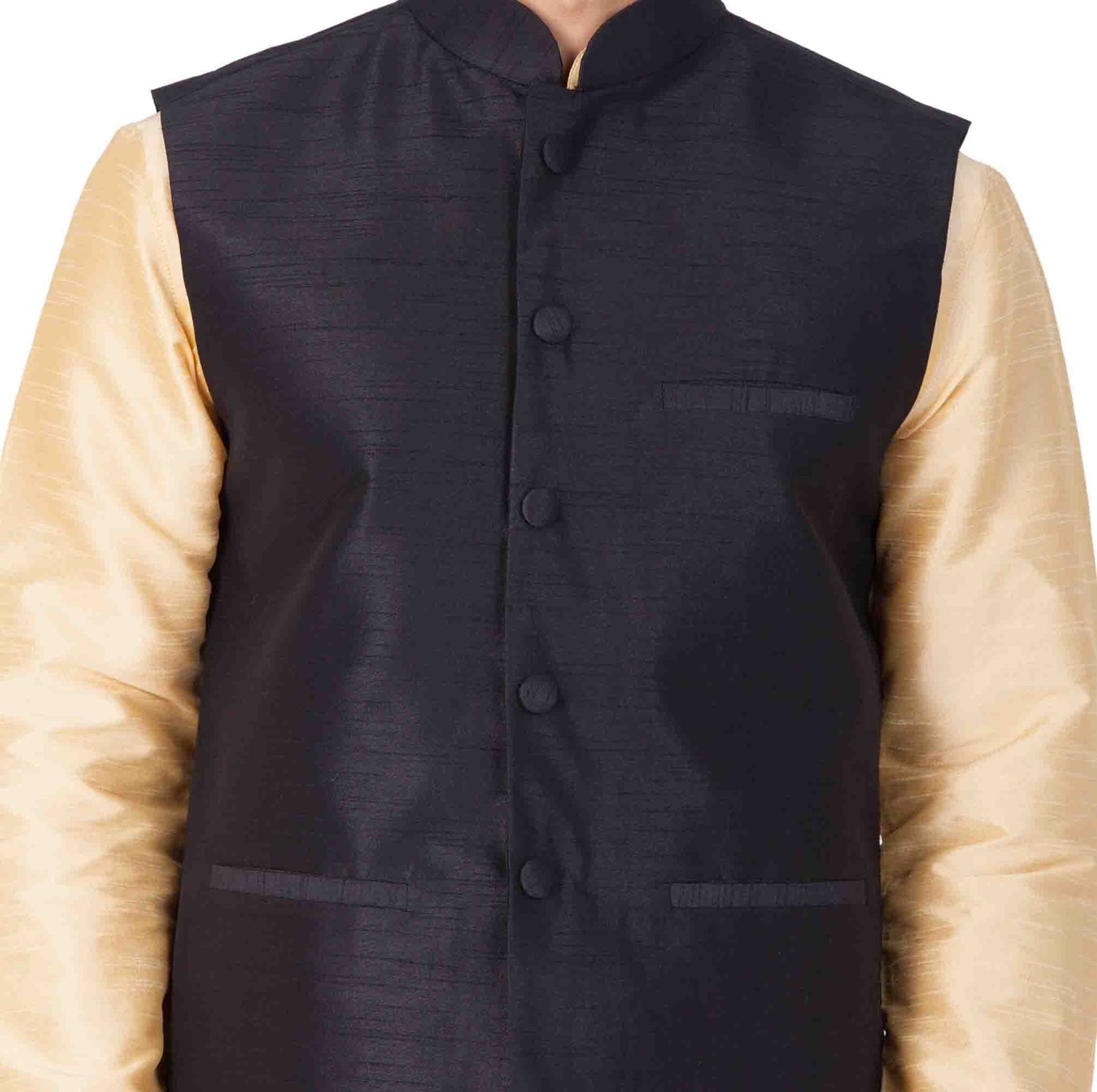 Men's Gold Cotton Silk Blend Kurta, Ethnic Jacket and Pyjama Set